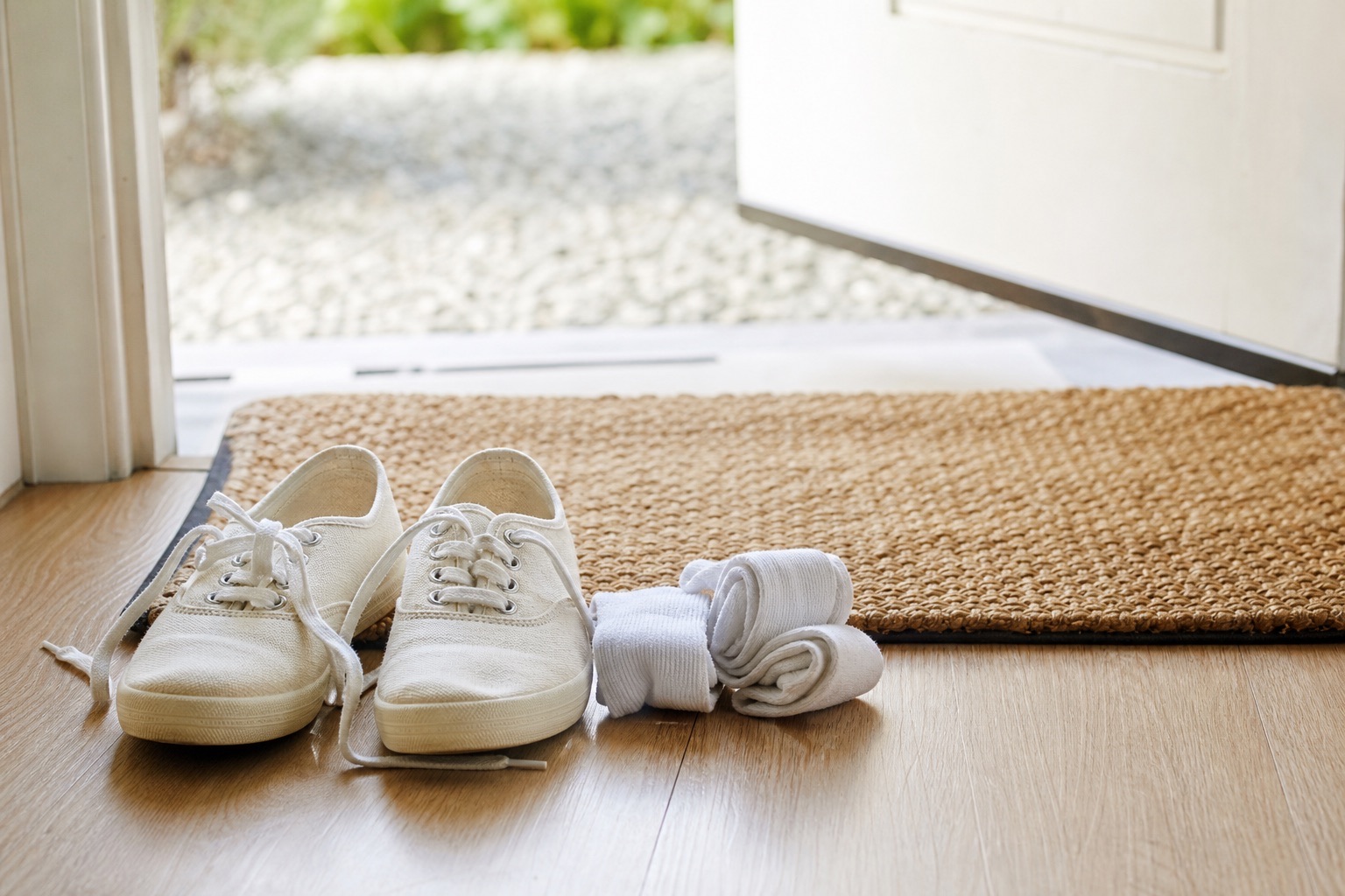 Ademende canvassneakers en een geweven deurmat op een lichte houtvloer bij een openstaande deur, opgerolde katoenen sokken ernaast