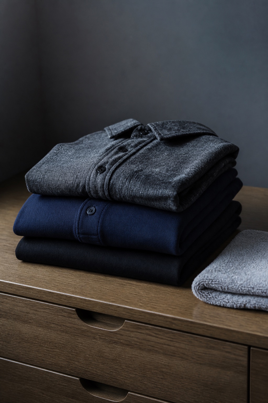 Stapel donkere kleding op een ladekast: zwart T-shirt, navy polo en grijs gemêleerd overhemd in zijlicht