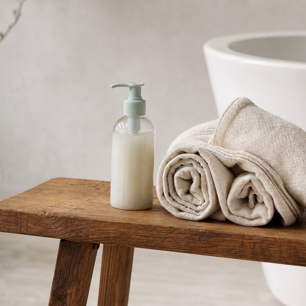 Opgerolde ongebleekte katoenen handdoeken op een houten bankje in een lichte minimalistische badkamer, één flesje verzorging zonder etiket