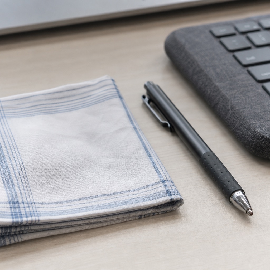 Stilleven op een licht bureau: een opgevouwen katoenen zakdoek, een pen met rubberen greep en een toetsenbord met textiele bekleding