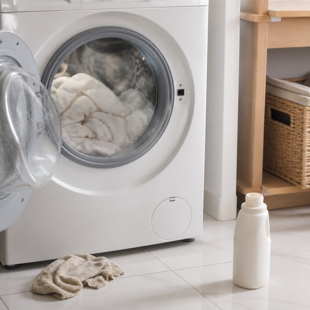 Open wasmachine met wit katoenen was op zestig graden, stoom op het deurtje, fles wasmiddel zonder etiket ernaast